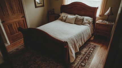 Bohemian-inspired condo with a soft jute rug, an oak wood bed frame, and warm beige tones.