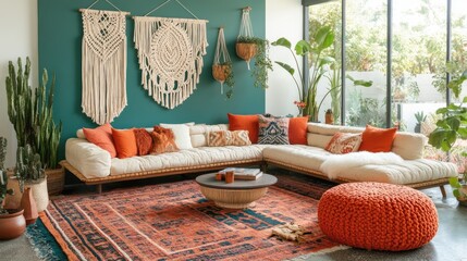 Boho-chic living room with earthy orange and turquoise tones, macrame wall art, and cozy woven furniture.