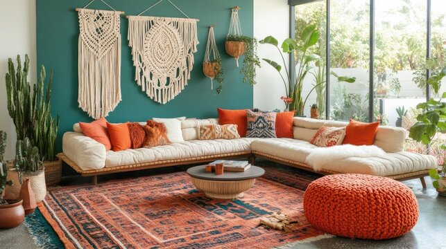 Boho-chic living room with earthy orange and turquoise tones, macrame wall art, and cozy woven furniture.