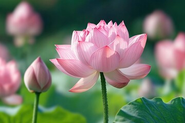 Close up of a pink lotus flower with a bud and leaves in a soft focus background