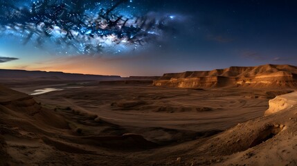 Breathtaking night sky filled with the glowing Milky Way galaxy over a stunning desert landscape with rugged mountains cliffs and sand dunes in the distance  Serene and atmospheric cosmic scenery