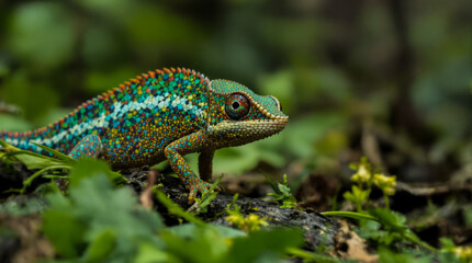 A green and blue lizard is on a log
