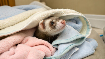 Cute Ferret Nestled Under Soft Blankets in a Cozy Home Setting