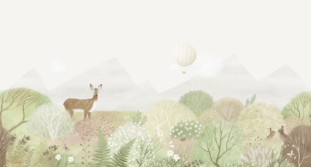 Green landscape, mountains, cute deer, bunny and flowers. Watercolor illustration. Decor for children's room. Wallpaper. © bukhavets
