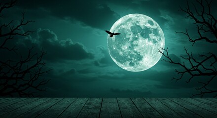 Fototapeta premium A glowing full moon illuminates the night sky, surrounded by eerie clouds and silhouetted trees, while a lone bird soars, creating a mysterious and haunting atmosphere.