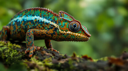 A green and blue lizard is on a log