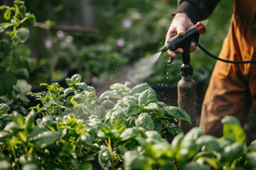 Obraz premium Farmer spraying on vegetable and green plants