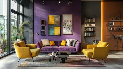 Cozy and colorful living room with a purple accent wall, mustard armchairs, and eclectic decorations.