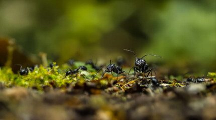 A group of black ants are on the ground.
