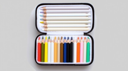 Colorful Pencils in Black Case on Neutral Background