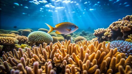 Fototapeta premium Bright Yellow Fish Swimming Above Colorful Coral Reef Underwater
