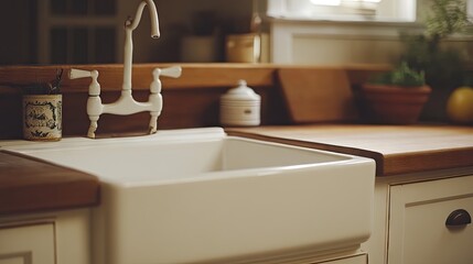 Cozy country-style kitchen being upgraded with a new farmhouse sink, reclaimed wood counters, and fresh paint.