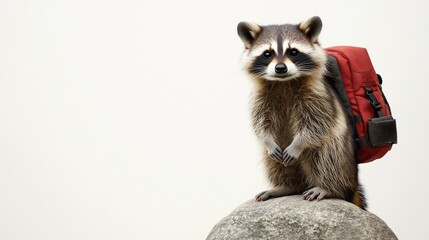 Obraz premium A raccoon with a red backpack standing on a rock against a plain background looking into camera