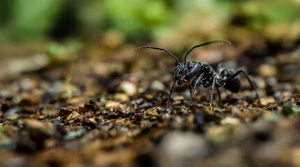 A group of black ants are on the ground.