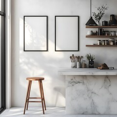 Minimalist Kitchen Design With Empty Frames And Wooden Stool