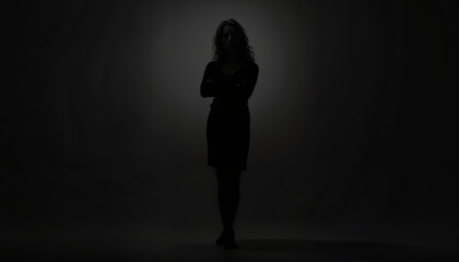 Mysterious Woman Silhouette Standing Confidently Against Dark Background with Copy Space