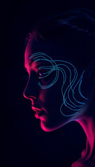 Fototapeta premium Cybernetic Woman with Neon Illumination Revealing Technological Transformation with Copy Space