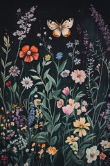 Obraz premium a gouache or watercolor illustration with texture. Black background, in the foreground some spring flowers, herbs and a moth. All in cool dark green, purplish and pastel tones.