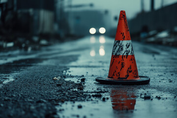 Traffic cone, an image of cautions on asphalt road