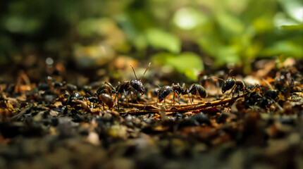 A group of black ants are on the ground.