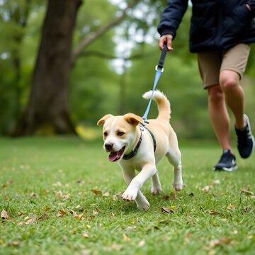 Un perro paseando por el parque. Estoy caminando en el parque. Me estoy riendo. Te ves feliz. Es un parque. Estoy dando un paseo. Estoy con el due&ntilde;o. Llevo una correa