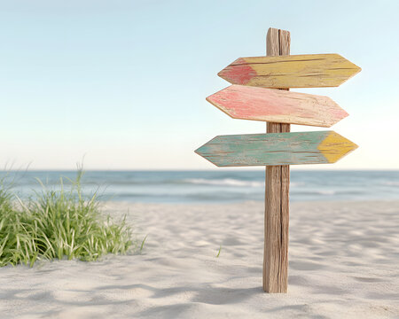 Naklejki Whimsical beach signpost with colorful arrows on sandy shore