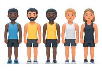 Obraz premium Five stylized 3D figures, three men and two women, stand in a row against a white background. They wear athletic tank tops and shorts in various