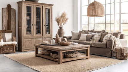Obraz premium Cozy natural condo interior with woven pendant lights, jute rugs, and an oak wood coffee table.