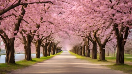 Breathtaking view of a scenic cherry blossom avenue in full bloom during the enchanting springtime season