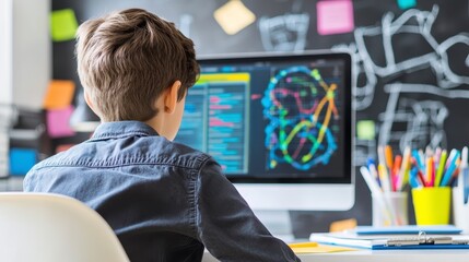 A boy sits at a desk, facing away from the camera, focused on a computer screen displaying colorful data visualizations. His workspace includes a