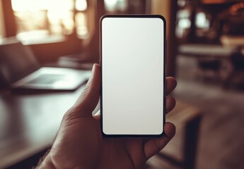 Person holding smartphone with blank screen, warm lighting, blurred cafe background. Mockup for app presentation or website design. Modern technology