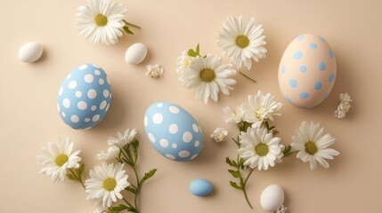 Fototapeta premium White and blue Easter eggs and flowers, Easter card, Easter card or banner mockup