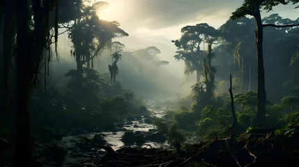 Fototapete A captivating misty jungle landscape featuring a dense lush forest with towering trees emerald foliage and a mystical atmospheric ambiance  This tranquil © ChrisTYCat