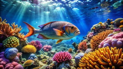 Fototapeta premium Vibrant Underwater Scene with Colorful Fish and Coral Reef Ecosystem