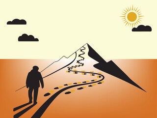 A silhouette of a person walking up a mountain path. Life motivation flat illustration.