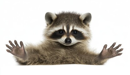 Obraz premium A playful young raccoon with paws outstretched against a white background. The raccoon has dark eyes and a fluffy gray coat. The image is bright and