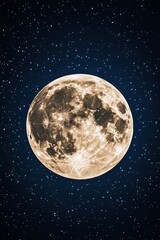 Fototapeta premium Full moon illuminated in a dark starry sky with detailed craters and a celestial atmosphere