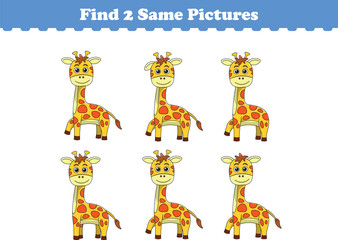Obraz premium Funny cartoon giraffe. Find two same pictures. Educational game for children. Cartoon vector illustration