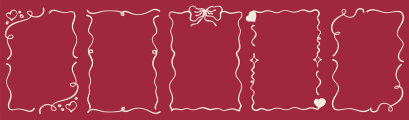 Vintage coquette frame with heart and star. Coquette style for valentine day and romantic design. Cute frame, wavy line and elegant bow. Vector illustration