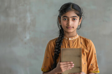 young indian college girl holding text book