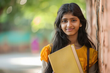 young indian college girl holding text book