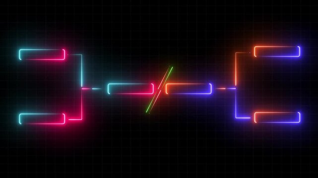 glowing neon  or outline championship single elimination tournament bracket or tree diagram isolated on neon . Fields for 8 players or teams, 4 from each side. It is suitable for all kinds of sports.