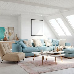 Frame mockup, ISO A paper size. Living room wall poster mockup. Interior mockup with house background. Modern interior design. 3D render