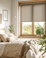 Serene bedroom interior with neutral tones and natural light from window with roller blind