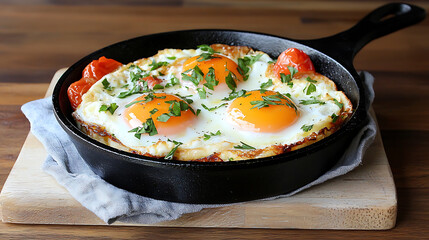 Rustic cast iron skillet dish plate of creamy scrambled eggs with fresh ingredients cozy kitchen setting