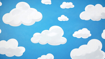 White fluffy cartoon clouds on a bright blue sky background. Simple vector illustration with flat colors, clean design, and seamless pattern concept for wallpapers, textiles, and digital backgrounds.
