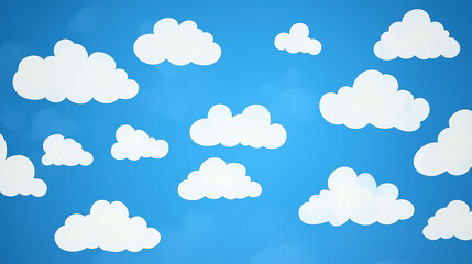 White fluffy cartoon clouds on a bright blue sky background. Simple vector illustration with flat colors, clean design, and seamless pattern concept for wallpapers, textiles, and digital backgrounds.