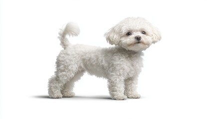 Obraz premium Adorable fluffy white dog standing against a white background. The dog is looking directly at the camera with a curious expression. Its fur is neatly
