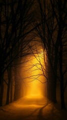 Mysterious forest path illuminated by golden light at night.