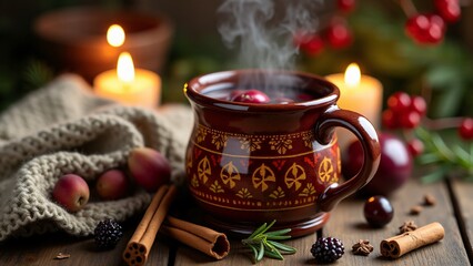 Fototapeta premium A ceramic mug with intricate folk patterns holds steaming mulled wine. Warm candlelight, rustic wood, and festive spices create a cozy, traditional Eastern European scene.